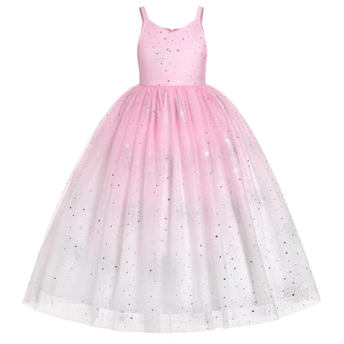 IBTOM CASTLE Flower Girl Embroidery Sparkle Dress for Kids Wedding Bridesmaid Pageant Communion Princess Birthday Party Prom Formal Dance Ball Gown Puffly Tulle Dresses Pink 5-6 Years