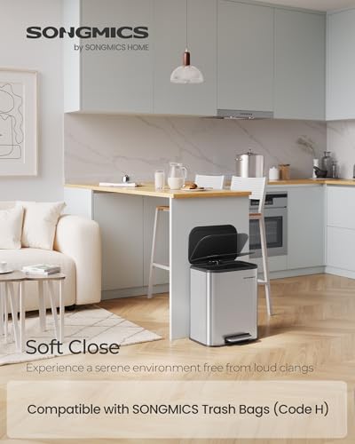 Image of SONGMICS Kitchen Trash Can, 5.2-Gallon (20L) Garbage Can with Lid, Stainless Steel, Soft Close and Stays Open, Inner Bucket, Wide Non-Slip Pedal, Metallic Silver ULTB542E20