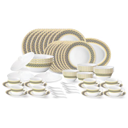 Image of Larah by Borosil Regal Fluted Series Opalware Dinner Set | 63 Pieces for Family of 8 | Microwave & Dishwasher Safe | Bone-Ash Free | Crockery Set for Dining & Gifting | Plates & Bowls | White