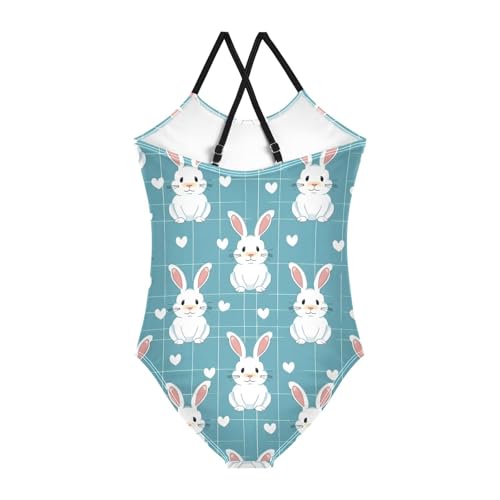 Bolaz Girls Swimsuits One-Piece Bathing Suits Multicolor Kids Sport Summer Beach Swimwear for 3-10 Years Old-Cartoon Rabbit on Blue Background2