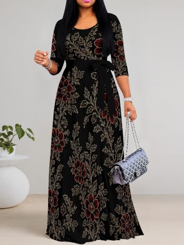 Image of PinkPatty Women's Plus Size Maxi Dresses Casual Flowy 3 /4 Sleeves Dress Printed Vacation Dress for Daily Wear with Belt