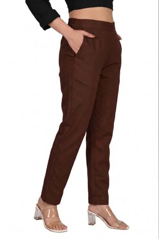 Image of Solid Cotton Woman Trousers Pants Regular Fit Kurti Pant with Drawstring Daily Office Formal Casual Use