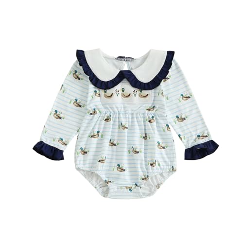 Newborn Girl Fall Outfit Mallard Duck Baby Farm Long Sleeve Doll Collar Romper Stripe Bodysuit 0-18 Months Clothes