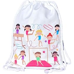 Objetos Para Hacer Gimnasia HECKBO Mochila niñas, bolsa de ballet de algodón - color blanco, estampada por ambos lados con gimnastas de colores, 40 x 30 cm, también adecuado para el jardín de infancia