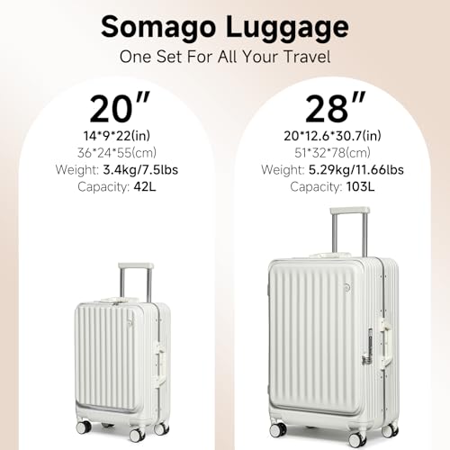 Somago Spinner Hardside PC Luggage Set 2 Piece, Carry on Luggage Front Open 22x14x9 Airline Approved and Side Opening Large 28 Inch Checked Luggage with TSA Lock,White2