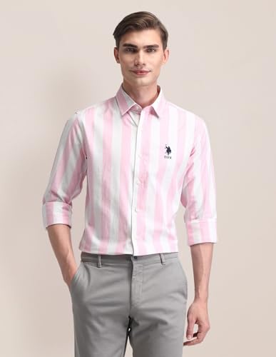 Image of U.S. Polo ASSN. Striped Regular Fit Cotton Shirts for Men - 100% Cotton, Full Sleeve Mens Casual Shirts