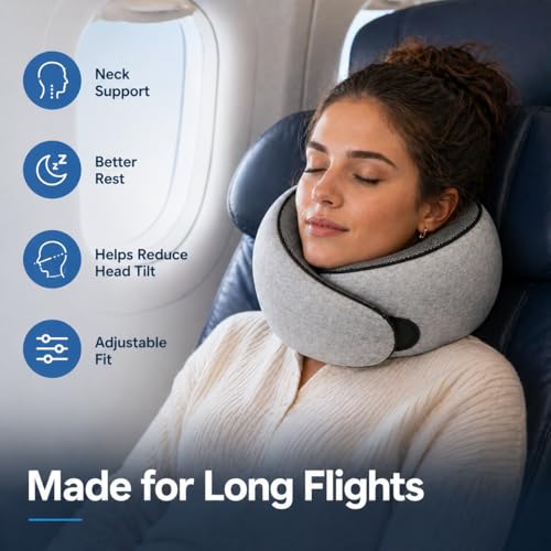Image of Purroch G-Shape Memory Foam Travel Neck Pillow - 100% Pure Foam Ergonomic Support with Eye Mask & Ear Plugs for Airplane Flights, Car Trips & Office Naps, Beige Gray