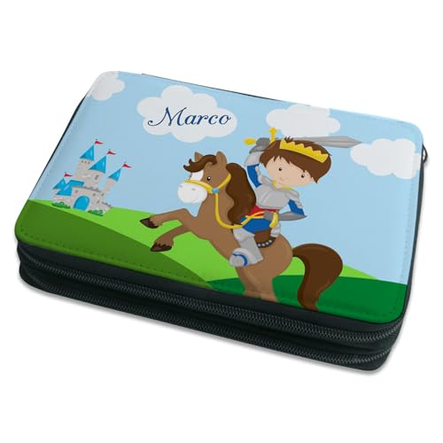 CreaDesign Kinder Federmäppchen mit (Wunsch) Namen, einzigartige Federtasche durch Personalisierung, Schulmäppchen - Motiv Ritter