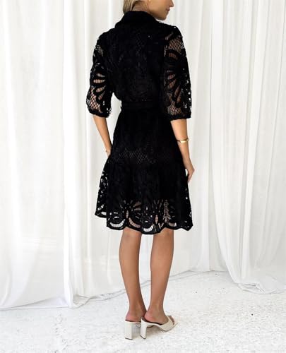 Image of Women's Summer Hollow Out Lace Mini Dress Lantern Sleeve Lapel Button Ruffle Casual Beach Party Dresses