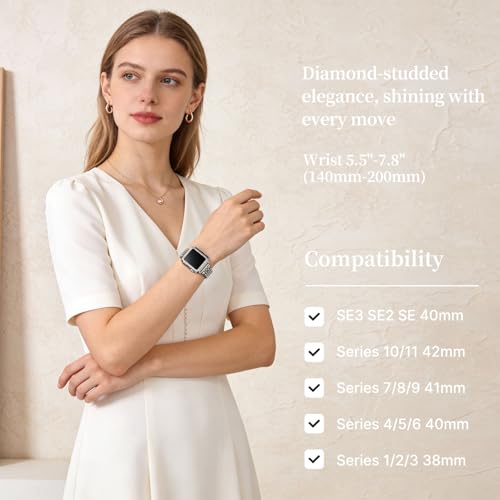 Image of wutwuk Diamond Band with Bling Case Compatible with Apple Watch Bands for Women 42mm, Sparkly Metal Strap with Crystal Protective Bumper for iWatch Series 11 10, Starlight