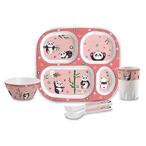 Cello Kidzbee Quadmeal Bamboo Buddies Melamine Meal Set for Kids | BPA Free and Food-Grade Material | Attractive and Kidfriendly Designs | Break Resistant & Durable Set | Set of 5, Peach