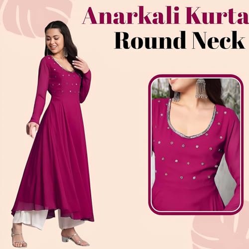 Image of PH POSHAKHUB Georgette Regular Fit Hand Embroidery Anarkali Kurta Set for Women, Yoke Anarkali Kurta for Woman, Ankle Length Anarkali Suit for Women, Full Sleeve Kurti, Dress for Woman