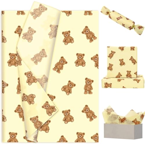 JarThenaAMCS 60 Pcs Bear Tissue Paper Wrapping Paper Watercolor Decorative Art Tissue for Baby Shower DIY Craft Packing, 14 x 20 Inch