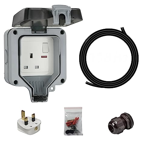 Single Waterproof Outside Plug Socket with 3M Extension Cable IP66 Single 1 Gang Weatherproof Switched Plug Socket Enclosure Box 13A Outside Wall Plug Electrical Outlet Sockets