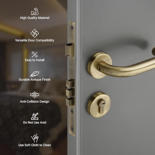 Image of LAPO Mortise Door Lock for Home Main Door & Bedroom with Handle | Heavy-Duty 70mm Cylinder | 50x85mm Body | 3 Brass Keys | Left-Right Fit 30-50mm Door Home Office Hotel | Antique Finish |CMH-6T