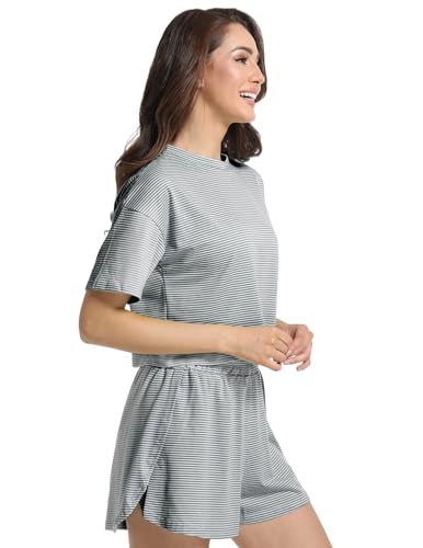 Image of Split Short Pajama Set Soft Women's Striped Pajama Sleeve Tee & Elastic Waist Shorts Lounge Sleepwear