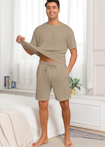 PrinStory Mens Pajamas Set Summer Pjs Sets Lightweight Short Sleeve Pajama Shorts Set Soft Sleepwear Loungewear with Pockets Khaki-XL — view 2