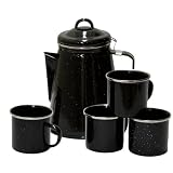 Stansport Enamel 8-Cup Percolator Coffee Pot and 4-Mug Set - Heavy-Duty Campfire Coffee Maker with 12oz Mugs - Percolator Stem Included - Double Baked Enamelware for Camping, Hiking, RV & Cabin