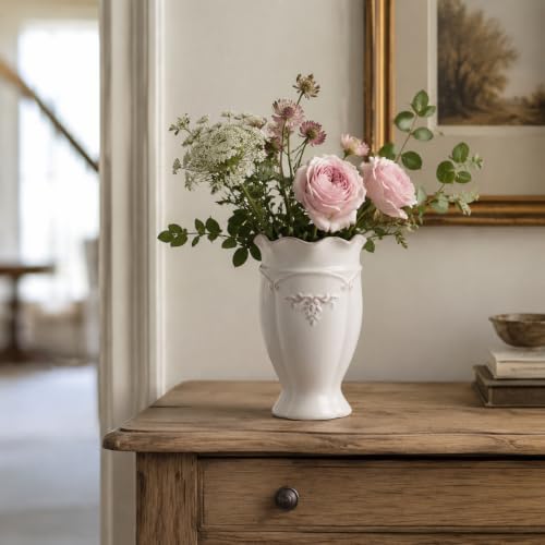 hjn White Ceramic Vase- French Flower Vase for Decor Small Vintage Vases for Flowers/Home Decoration/Kitchen/Table/Living Room/Shelf/Mantel/Office-Height-6.8'