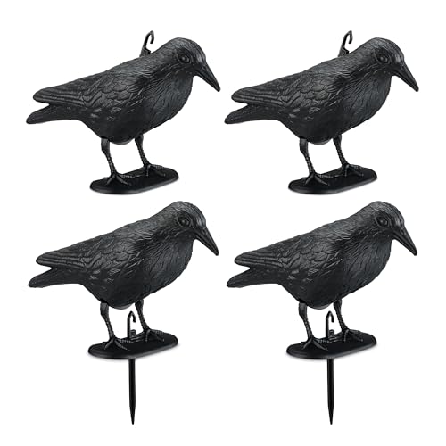 Relaxdays Vogelschreck, 4er Set, zum Hinstellen & Aufhängen, Kunststoff Krähe, zur Vogelabwehr, Garten & Balkon, schwarz
