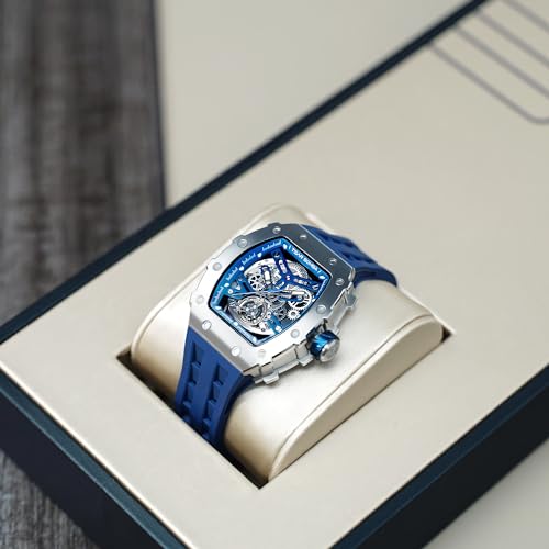 Image of TSAR BOMBA Men's Automatic Watch Tonneau Luxury Skeleton Watches for Men Mechanical 50M Waterproof Analogue Watches Mens Unique Cool Square Big Face Dial Wristwatch with Silicone Strap Band