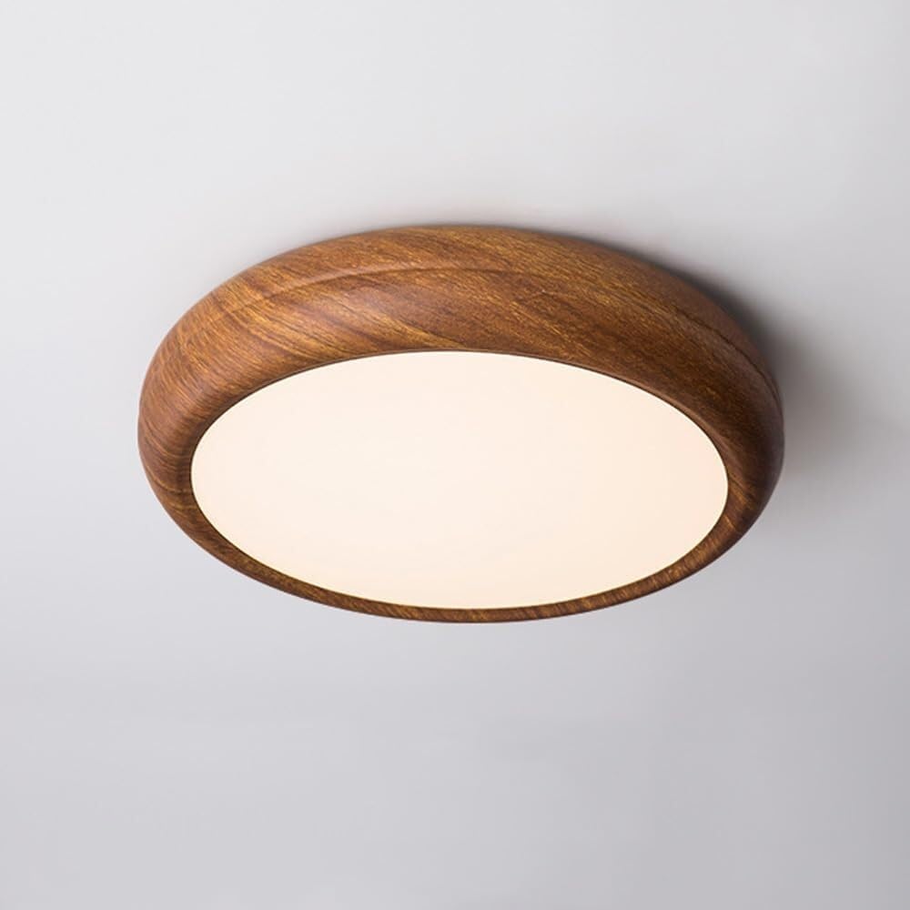 SEMANHUAOZ Mid Century Ceiling Light Wood Dimmable LED Flush Mount for Bathroom Round Farmhouse Vintage Rustic Lamp for Bedroom Living Room Kitchen(Diameter 30CM,Tricolor dimming)