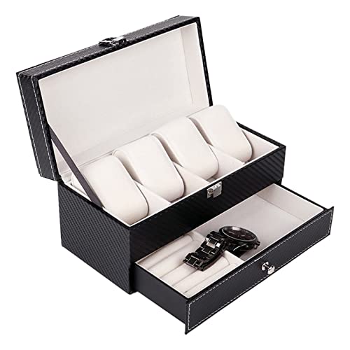 Stockage de BijouxFibre de Carbone Double Couche 4 grilles Double Couches Montre boîte de Rangement boîtier PU Montre Bijoux Collier Anneaux Boucle d'oreille Organisateur boîte