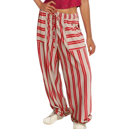 fanmpghleoo Striped Linen Pants Women Summer Drawstring Wide Leg Palazzo Pants for Women Casual High Waisted Linen Trosuers