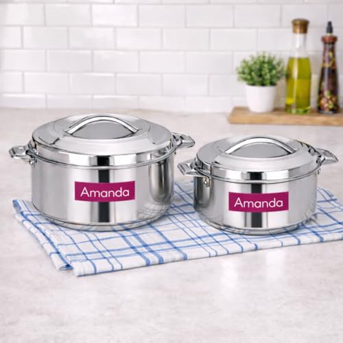 Image of Amanda Stainless Steel Casserole Set of 3 (1000ml, 2000ml & 3000ml) - Hot Pot for Roti, Sabji & Biryani | Durable & Rust-Free | Ideal for Daily Use & Gifting (Set of 2 (2000ML, 3000ML))