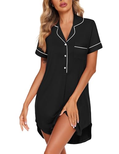 Image of Ekouaer Women's Nightgown Button Down Nightshirt V Neck Sleepshirt Short Sleeve Sleepwear Soft Pajama Dress Black, XX-Large