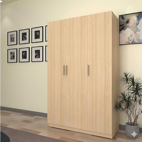 Image of Amazon Brand - Solimo Keris 3 Door Wardrobe | Almirah | Cupboard with 9 Shelves, 1 Drawer & 2 Hanging Rods | 120L x 50W x 180H CM | Wood Oak Light | DIY