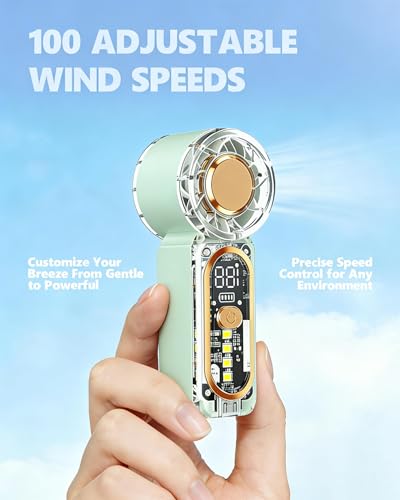 Image of Portable Handheld Mini Fan, Hand Held fans with 1-100 Speeds & Digital Display, 22000RPM Turbo Pocket Fan, USB-C Rechargeable Personal Small Fan with Emergency LED Light for Travel, Makeup, Green