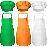 Chengu 6 Pieces Kids Chef Hat Apron Set, Boys Girls Aprons for Kids Adjustable Cotton Aprons Kitchen Bib Aprons with 2 Pockets for Kitchen Cooking Baking Wear (Large, Color 2)