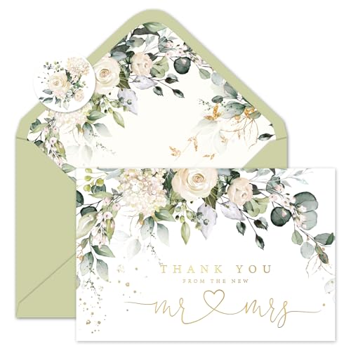 Whaline 50 Pack Floral Wedding Thank You Cards Flower with Eucalyptus Leaves Mr & Mrs Thank You Greeting Note Cards Boxed with Envelope Sticker for Bridal Shower