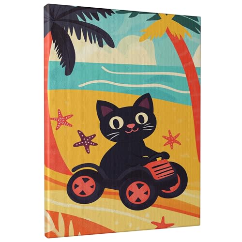 Stampa artistica da parete su tela, motivo gatto sulla spiaggia, gattino nero che guida auto rossa, divertente decorazione estiva per soggiorno, camera da letto, sala giochi, senza cornice, 40,6 x
