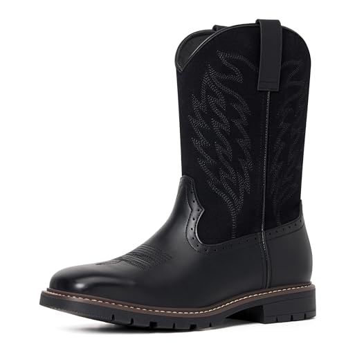 Image of Julyrose Men's Cowboy Boots - Western Boots Square Toe,Slip Resistant,Retro Embroidered Design,Slip on Chunky Heel Country Boot