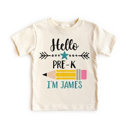 Hello Pre-K Personalized Shirts For Boys - Custom Name Back To School Pencil Pre Kindergarten Outfit - Cute Gift For First Day Of School Announcement - Natural Toddler & Youth T-Shirt