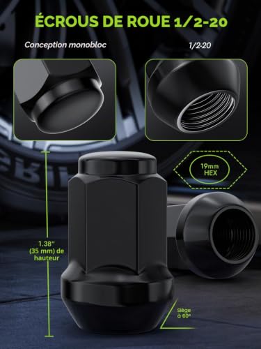 Écrous de roue 1/2-20 filetés noirs de 3.5cm pour Mustang 1996-2014 et Liberty 2002-2012 - 2