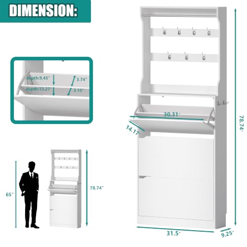 Image of Shoe Cabinet for Entryway with 3 Flip Drawers, White Tall Wood Shoe Storage Cabinet with Coat Rack, Narrow Hidden Slim Freestanding Shoe Rack Organizer, 2 in 1 Hall Tree for Living Room, Hallway