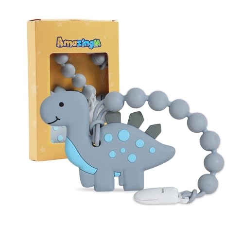 Image of Baby Food Grade Silicone Teether Toy with Pacifier Clip Holder,Teething Toys Gift Set for 3 Months+ Boys and Girls,Freezer Safe,BPA Free. (Gray Dinosaur)