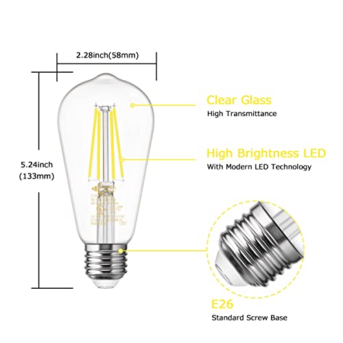 Image of DORESshop 6W Vintage Led Edison Bulbs, Daylight White 4000K, 60W Equivalent, ST58 Antique Style Edison Light Bulb with 80+CRI, 600LM, E26 Medium Base, Non Dimmable, High Brightness Clear Glass, 4Pack | ST58 Antique Style Edison Light Bulb with 80+CRI,E26 Medium Base,Non Dimmable,High Brightness Clear Glass,4Pack Led Bulbs