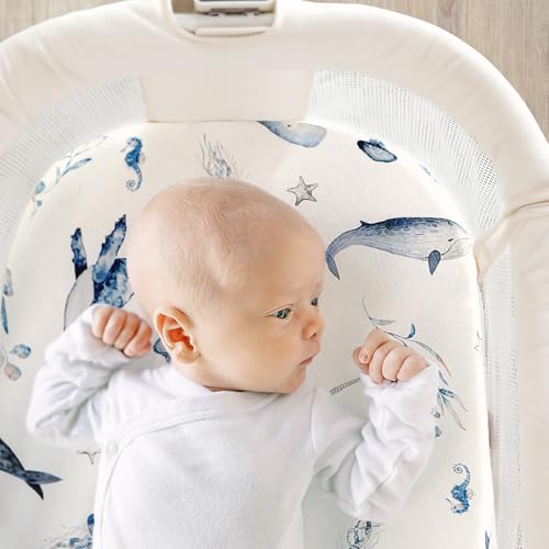 Image of GRSSDER Stretchy Ultra Soft Fitted Bassinet Sheet Set 2 Pack, Universal Fit for Bassinets Baby Cradle Moses Basket Oval Rectangle Mattress Safe and Snug, Sea Fish & Space Stylish Print
