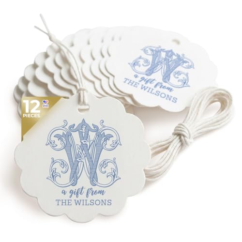 Personalized Monogram Scallop Gift Tags 2.5x2.5 inch 12 Printed and Shipped Tags for Holiday Party Favors
