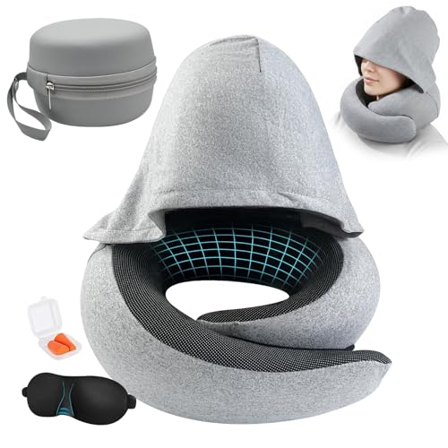 YTACREA Oreiller Cervical de Voyage Avion avec Capuche, Coussin de Voyage en Mousse à Mémoire de Forme Adultes, Tour de Cou Voyages Svion Réglable avec Masque pour...