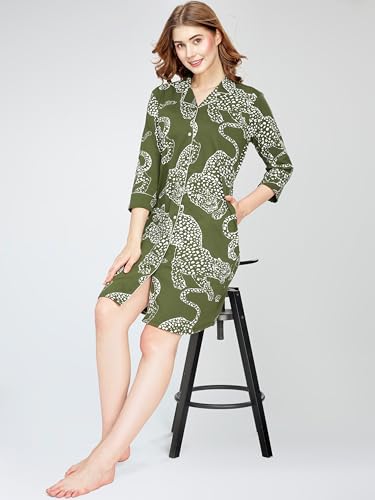 Image of ZEYO Women's Cotton Night Dress Leopard Printed Knee Length Night Gown 5791