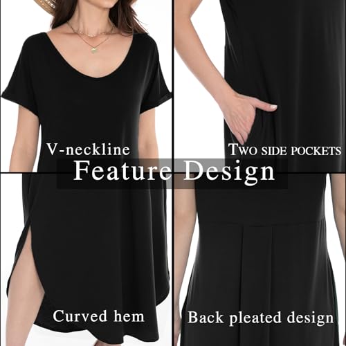 Image of Matchstick Women's Flowy Maxi Dress V-Neck Relaxed Loose Fit Short Sleeve Casual Sundress with Pockets Side Split Beach Dress