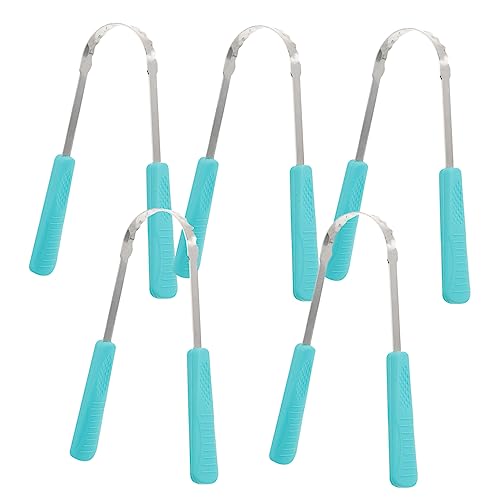 KOMBIUDA Stainless Steel Tongue Scrapers 5pc Set Tongue Brush for Adults Oral for Bad Breath Relief and Freshness