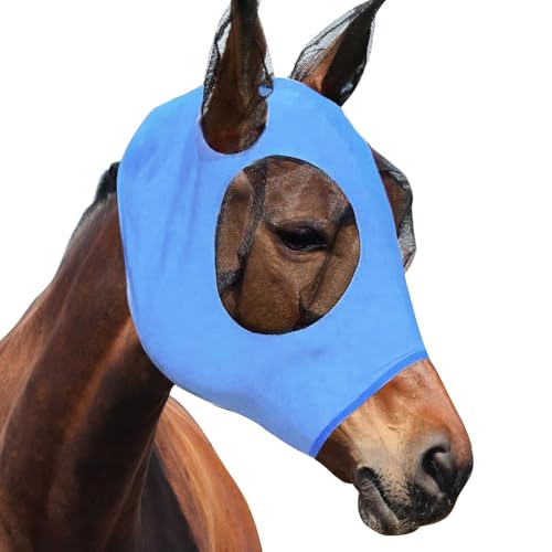 dellyy Máscara contra moscas, máscara contra moscas, cavalo, proteção elástica contra moscas, proteção UV (Blau)