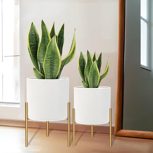 ARNIS Modern Planter Pots, Large Planters with Stand, Set of 2 Metal Planters for Indoor Plants with Drainage Holes for Living Room, Office, Garden or Balcony (White, 10.5 &12.25 Inch)