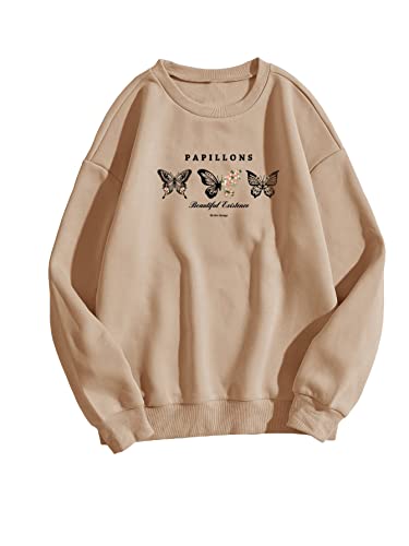 Gorglitter Women'S Letter Butterfly Graphic Long Sleeve Crewneck Pullover Top Drop Shoulder Sweatshirt Khaki Small cover
